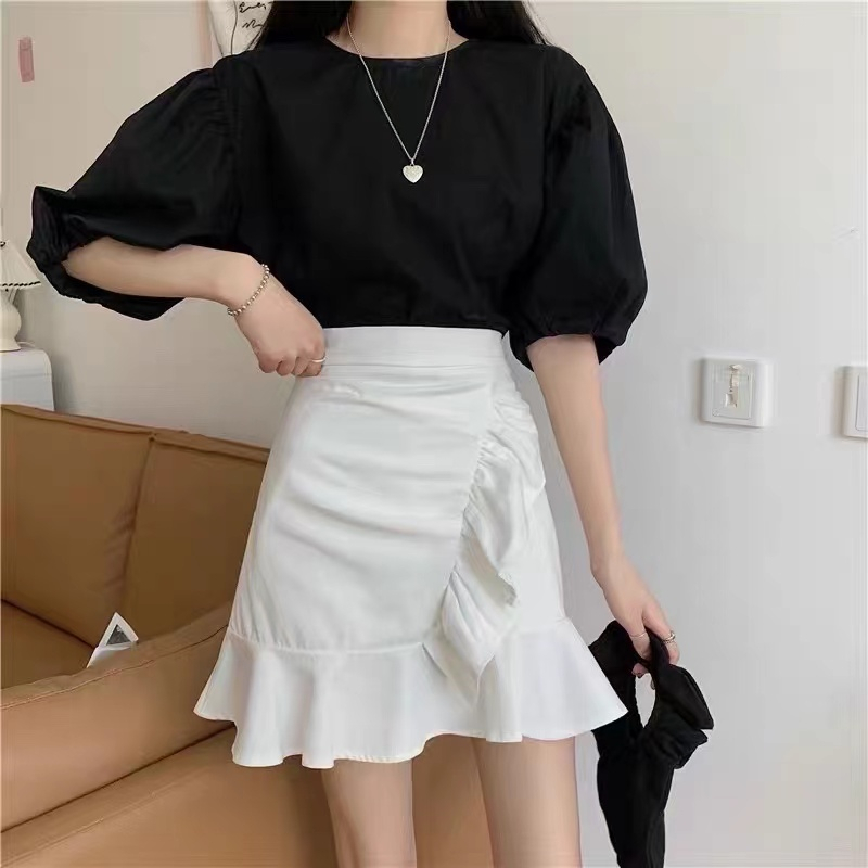 Sugar❤️พร้อมส่ง❤️กระโปรแฟชั่นผู้หญิง เอวสม๊อค กระโปรงฟรุ้งฟริ้งสายเกาหลี(888)