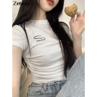 Zebina เสื้อครอปท็อป คอกลม แขนสั้น แบบเข้ารูป สีขาว สําหรับผู้หญิง