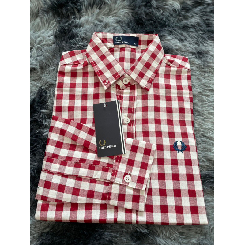 Fredperryสกอตแดงขาวผ้าOxfordยิ่งซักยิ่งนิ่มใส่ได้หญิงและชาย
