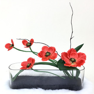 Ikebana แจกันดอกไม้ปลอม ดอกป๊อปปี้จัดในแจกันทรงแคปซูล จัดดอกไม้สไตล์ญี่ปุ่น