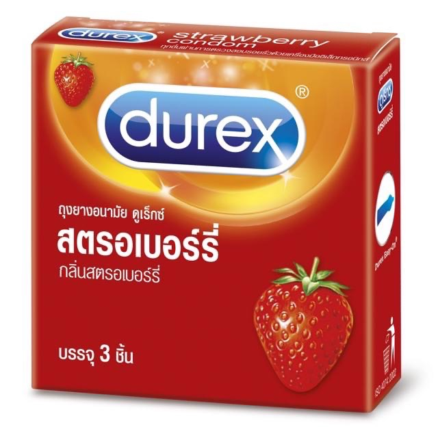 Durex Strawberry ดูเร็กซ์ สตรอเบอร์รี่ ขนาด 52.5 มม บรรจุ 3 ชิ้น 1 d]jv'ถุงยางอนามัย ผิวเรียบ condom ถุงยาง