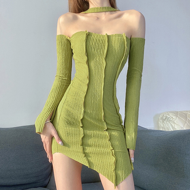 【จัดส่งจากประเทศไทย】 พร้อมส่ง ชุดเดรสสุภาพสตรีแขนยาวปิดไหล่คอเชือกแขวนคอชุดซี่โครงสีทึบ