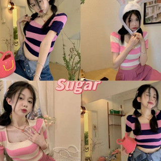Sugar🌈พร้อมส่ง🌈เสื้อครอป ผ้าไหมพรม แขนสั้นคอกลม ผ้านิ่มลายใส่สบาย(A569)