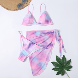 *พร้อมส่ง* Set bikini 3ชิ้น บิกินี่ลายมัดย้อมสีหวานๆ พร้อมผ้าคลุมบิกินี่