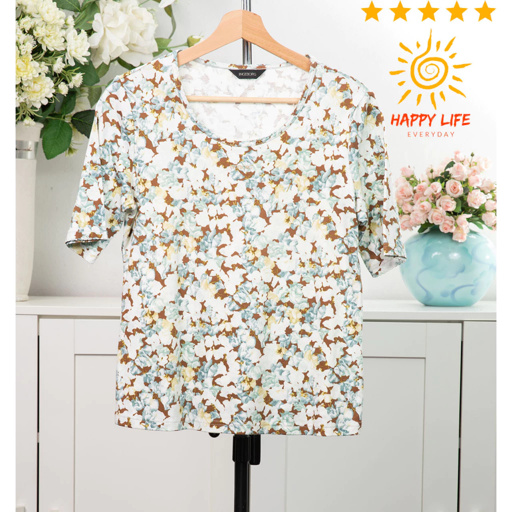 เสื้อคอกลมแขนสั้น INGEBORG ลายดอก สีน้ำตาลเขียว ไซส์ M