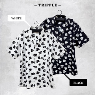 TRIPPLE Hawaiian Shirt เสื้อฮาวายแขนสั้น สีขาวดำ ลายหัวใจ