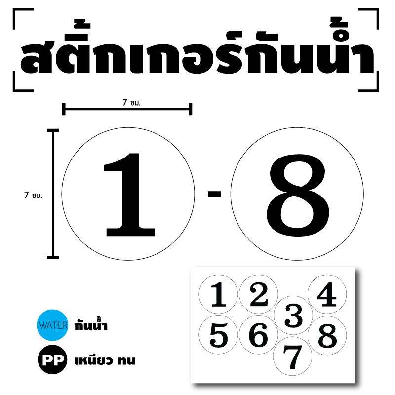 สติ๊กเกอร์ตัวเลข ติดผนัง สติกเกอร์ สติกเกอร์วงลม (ตัวเลขขนาด 7 ซม) 1แผ่น 8ดวง (พื้นขาวตัวเลขดำ) รหัส [G-003]