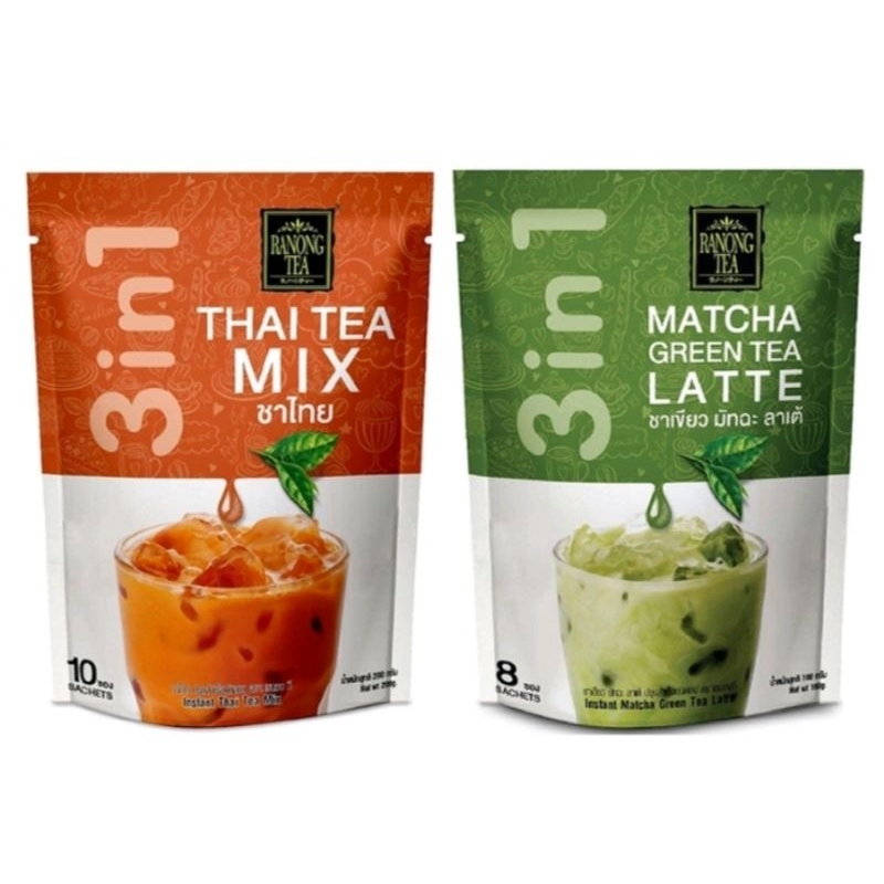 Ranong Tea 3in1 Instant Thai Tea Mix 10 Sachets,Macha green tea latte 8 sachets , ผงทำชาไทย, ชานม , ชาเขียวได้ทั้งชาร้อน