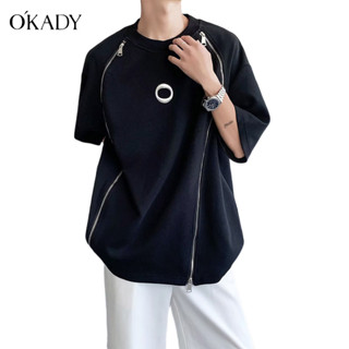 OKADY เสื้อยืดผู้ชายแฟชั่นคอกลมซิปแขนสั้นเสื้อยืดระบายอากาศผ้าฝ้ายคุณภาพสูงคู่สไตล์เกาหลีด้านบน