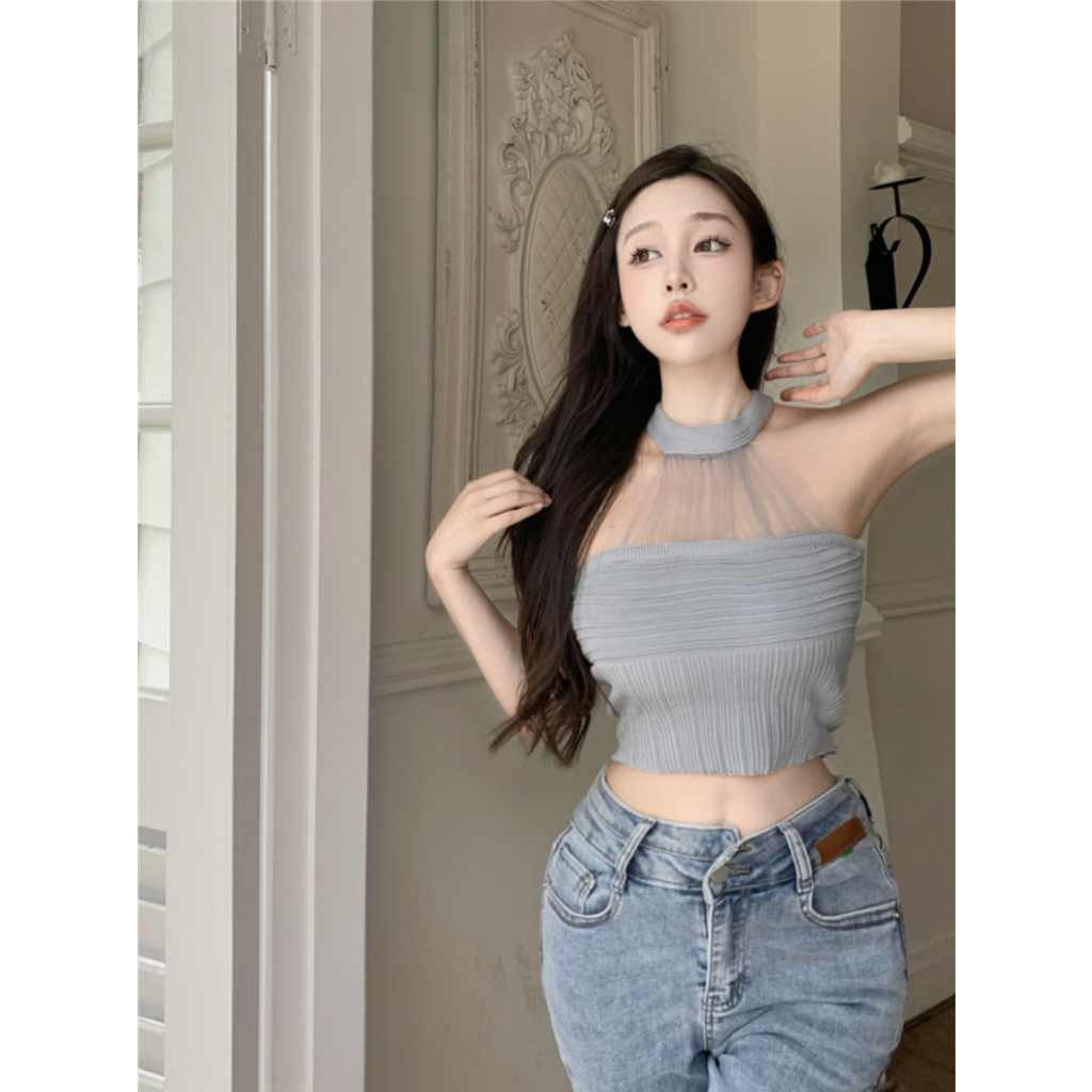 Cicishop(Y2153)เสื้อครอปแขนกุดผ้าไหมพรม ดีเทลคล้องคอผ้าชีฟอง แมทซ์ได้หลายสไตล์ - รูปที่ 6