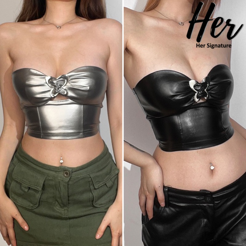พร้อมส่ง2สี เกาะอกแฟชั่น เกาะอกยีนส์ สายเดี่ยวเมทัลลิค เสื้อไปคาเฟ่ ครอปรัดรูป ครอปไหมพรม เสื้อy2k 30013