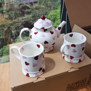 EmmaBridgewater Love Series Heart shaped Ceramic Tea Pot and Cup Set of 3, 1 Pot and 2 Cups, Royal Family, UK