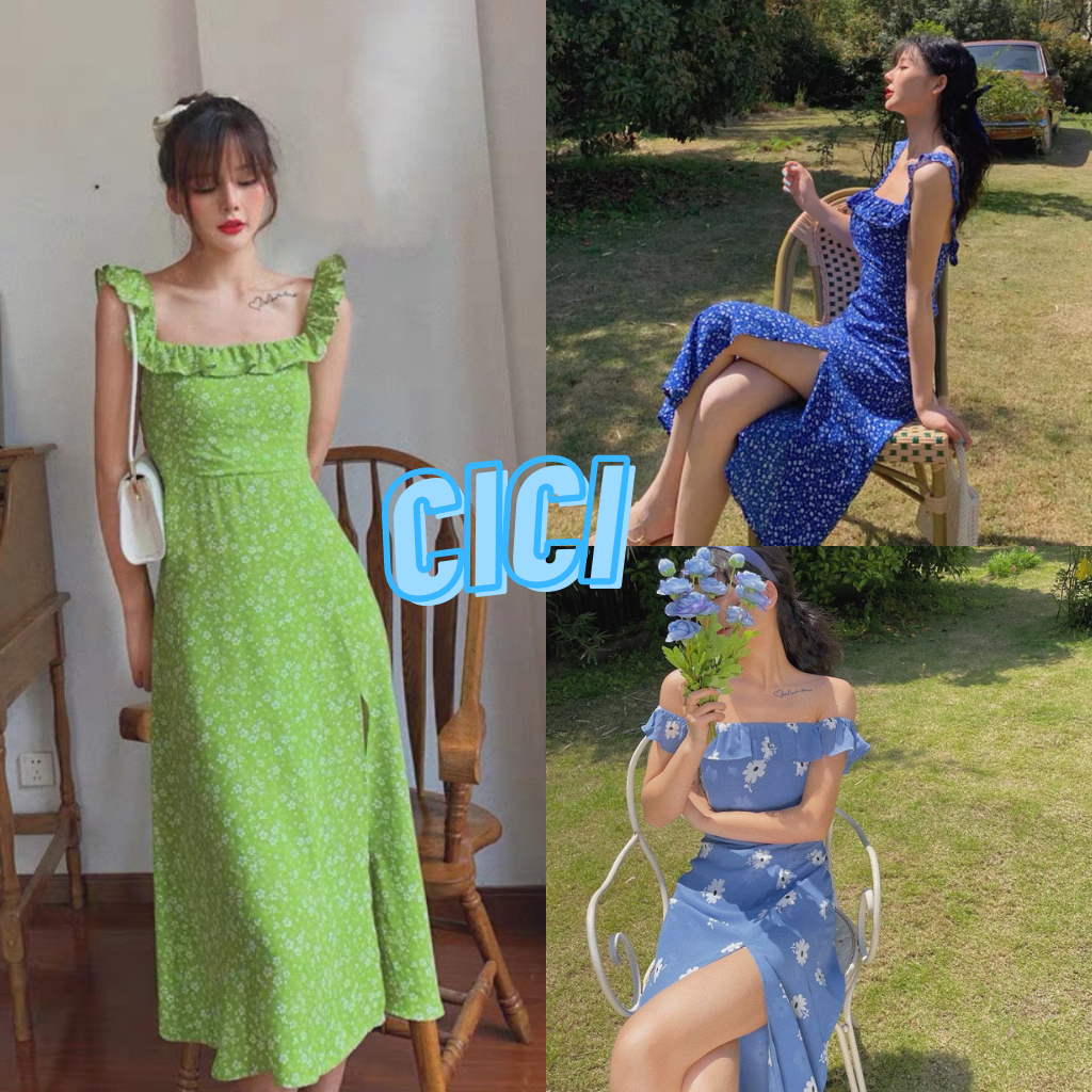 ส่งทันที Cici(NO. 3076)เดรสแขนกุดลายดอกไม้  ใส่ปาดไหล่ได้ดีเทลแต่งระบาย สไตล์สาวหวานอมเปรี้ยว