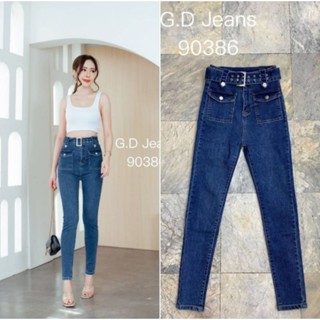 G.D.Jeans รุ่น  90386#กางเกงยีนส์ขายาวผ้ายืดทรงเดฟเอวสูงสีเข้มดีไซร์กระเป๋าหน้าพร้วมเข็มขัดเข้าชุดแบบน่ารัก