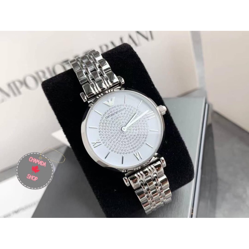 Emporio Armani AR1925 32mm Armani White Crystal Pave Dial Stainless Steel Ladies Watch AR1825 แท้💯