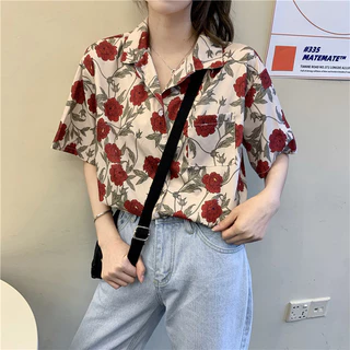 Know you เสื้อเชิ้ตแขนสั้นลายดอกกุหลาบน่ารัก ดีไซน์โดดเด่น สวยสะดุดตา พร้อมส่ง