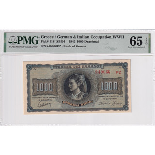 Greece 1000 Drachmai 1942 P 118 WWII Gem UNC PMG 65 EPQ