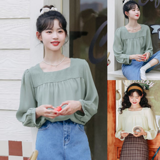 Korean🧧 เสื้อคอเหลี่ยมแขนยาวจั๊ม ผ้าชีฟองช่วงตัวบานๆ 2 สี