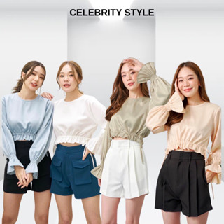 Celebrityystyle CRM9 เสื้อครอป ซาติน แขนยาว พรีเมี่ยม ซาติน