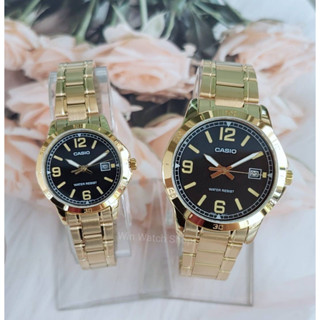 นาฬิกา Casio Set คู่รัก รุ่น MTP-V004G-1B และ LTP-V004G-1B นาฬิกาสายแสตนเลสสีทอง หน้าปัดดำ -ของแท้ 100% รับประกัน1ปี