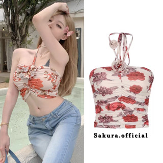 ✨Sakura.official✨019/WP#เสื้อครอปคล้องคอลายดอก#เสื้อเเฟชั่นเกาะอกแต่งเชือกรูดด้านหน้า