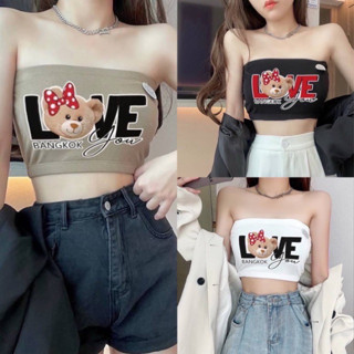 🐻เสื้อเกาะอกปักลายLOVEรูปหมีสุดน่ารัก เสื้อเกาะอกเกาหลี มีฟองน้ำในตัว ใส่สบาย สุดเซ็กซี่💯 **พร้อมส่ง**