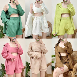 ชุดเซ็ต3ชิ้นพร้อมเสื้อคลุม ชุดเซ็ตขาสั้น3ชิ้น🌭🍙 เสื้อผ้ายืดมาพร้อมกางเกงขาสั้น ❗️HOT ITEM❗️
