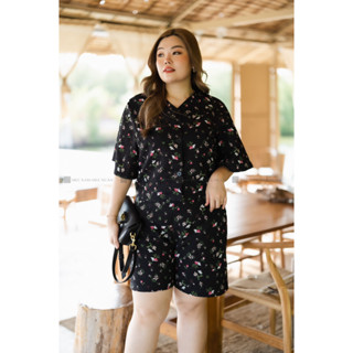 ST179 เซตดำลายดอกนูน สั้น พลัสไซส์ Plussize fashion ชุดคนอ้วน แฟชั่นสาวอวบ