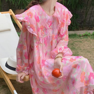 พร้อมส่ง🌸 เดรส เดรสชีฟอง ลายดอกไม้สดใส เดรสยาว สไตล์เกาหลี สีชมพู dress เนื้อผ้าใส่สบาย แนวน่ารัก สดใส ใส่ไปคาเฟ่น่ารัก