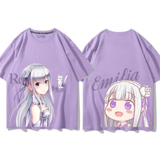 Re:Zero Ramrem Emilia ลายผ้าฝ้ายแขนสั้น สีม่วงเสื้อยืดแขนสั้นอะนิเมะ Unisex