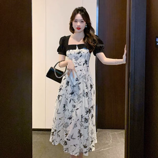 white floral dress beach long dresses women เสื้อผ้าแฟชั่นผู้หญิง เดรสคอเหลี่ยม เดรสลายดอกไม้ ชุดกระโปรง