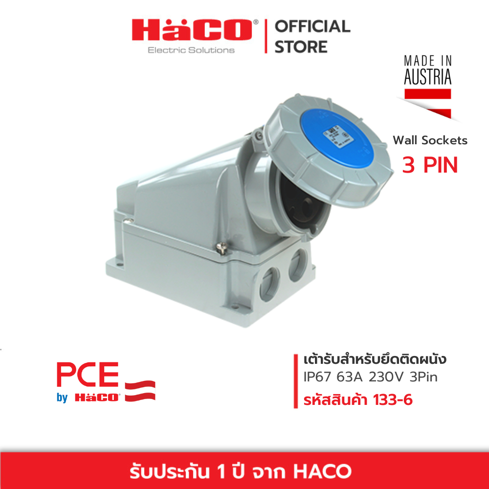 HACO เต้ารับสำหรับยึดติดผนัง ชนิดกันน้ำ Wall Sockets (with Gasket) 63A 125A 3PinPCE รุ่น 133-6 , 143-6