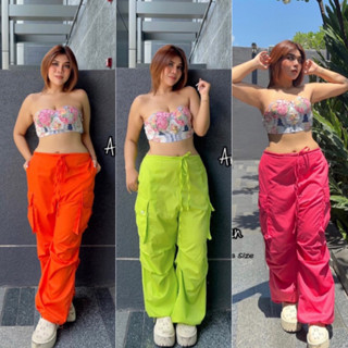 NEON cargo pants💚กางเกงทรงคาร์โก้ แฟชั่นY2K แต่งกระเป๋าใหญ่ขาจั้ม ไซส์ใหญ่Y02