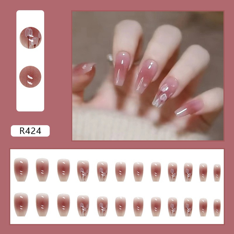 พร้อมส่ง เล็บปลอม [R424]เล็บปลอมกันน้ำ เล็บปลอมทาสีแล้ว เล็บเจล เล็บปลอมสำเร็จรูป อุปกรณ์ทำเล็บ ถูกสุด พร้อมส่ยาง