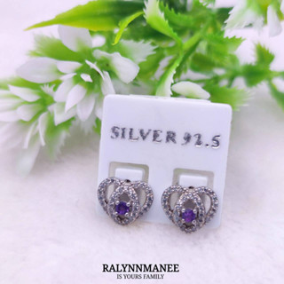 H6428 ต่างหูพลอยอเมทิสต์แท้ ( Amethyst ) แบบก้านเสียบ ตัวเรือนเงินแท้ 925 ชุบทองคำขาว