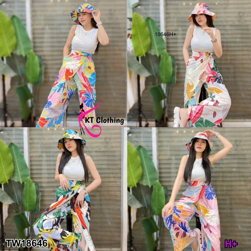 TT18646 set 3 ชิ้น เสื้อแขนกุด + กางเกงขายาว พิมพ์ลาย + หมวกทรงบัคเก็ต set 3 pieces sleeveless shirt + printed trousers