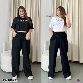 J18624 set #Bigsize 2 ชิ้น เสื้อครอปคอกลมแขนสั้น + กางเกงขายาว set #Bigsize 2 pieces. Short sleeve crop top + long pants