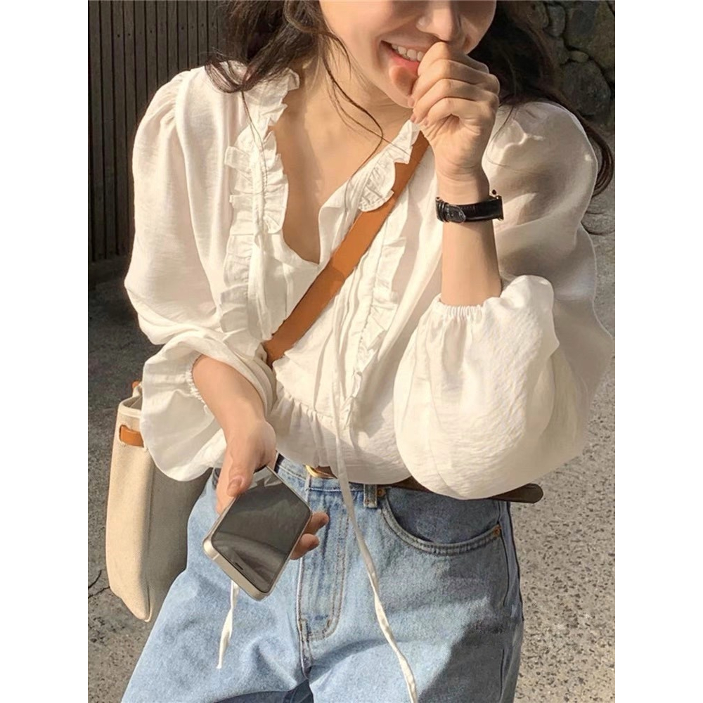 สุดน่ารักSMDB2947เสื้อเชิ้ตชีฟองคอปกหน้าวีแหวกลึกแขนพัฟผู้หญิงสีทึบ เสื้อสวมหัวสไตล์ญี่ปุ่นที่อ่อนโยนเซ็กซี่แฟชั่น