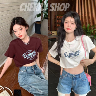 cherryshop พร้อมส่ง🔥เสื้อยืด🍀CROP TOP เสื้อยืดสตรีแขนสั้นพิมพ์ลายวินเทจ