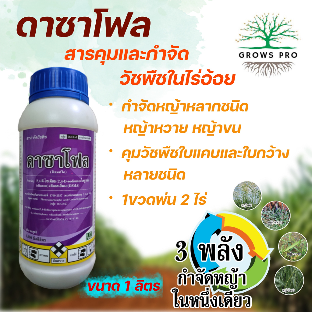 GrowsPro สารกำจัดวัชพืช ดาซาโฟล 1 ลิตร (2,4-ดี-โซเดียม+ไดยูรอน+ดีเอสเอ็มเอ) ยาคุมหญ้าและฆ่าหญ้าหลากช