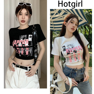 Hotgirl  พร้อมส่งจากกทม ✨เสื้อครอป เสื้อเอวลอย🌸เสื้อยืดแขนสั้นพิมพ์ลายสีขาว  เสื้อครอปทรงสลิมฟิต สไตล์หวานเซ็กซี่