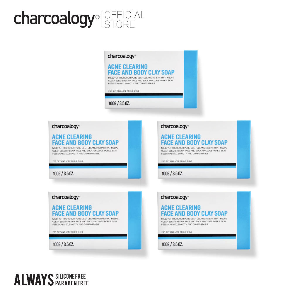 [ชุด 5 ก้อน] ชาร์โคโลจีสบู่ก้อนถ่านไม้ไผ่สูตรลดสิว Charcoalogy Acne Clearing Face and Body Clay Soap