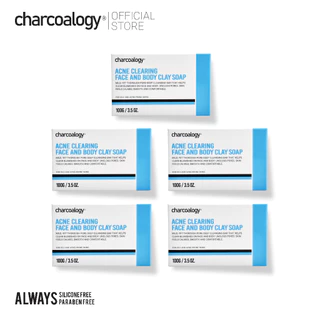 [ชุด 5 ก้อน] ชาร์โคโลจีสบู่ก้อนถ่านไม้ไผ่สูตรลดสิว Charcoalogy Acne Clearing Face and Body Clay Soap