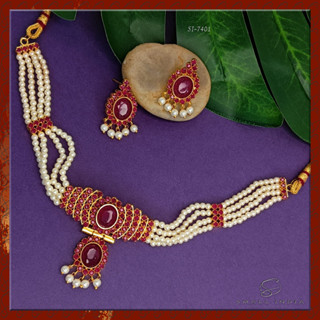 {**ส่งฟรี**} SMALL INDIA 🏵️ CZ Pearl Choker Set สร้อยคอพร้อมต่างหู 🏵️ Women Jewelry