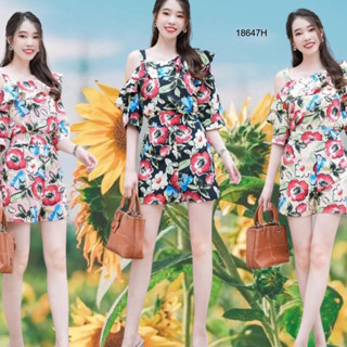 👗Pfashion [ส่งไวมาก🚛] P18647 set 2 ชิ้น เสื้อระบายเฉียงลายดอกไม้ + กางเกงขาสั้น ..