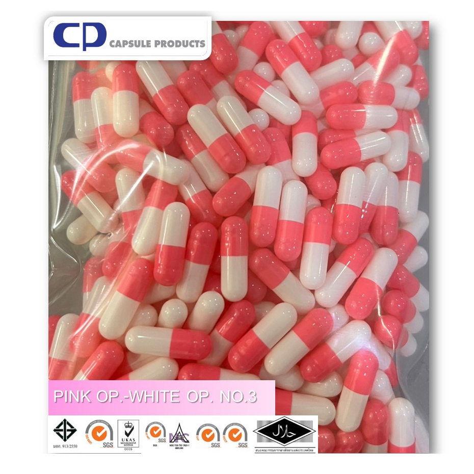 Capsule Products แคปซูลเปล่า สีชมพู-ขาว PINK OP.-WHITE OP. (เบอร์ 3) บรรจุ 1000 แคปซูล/ห่อ