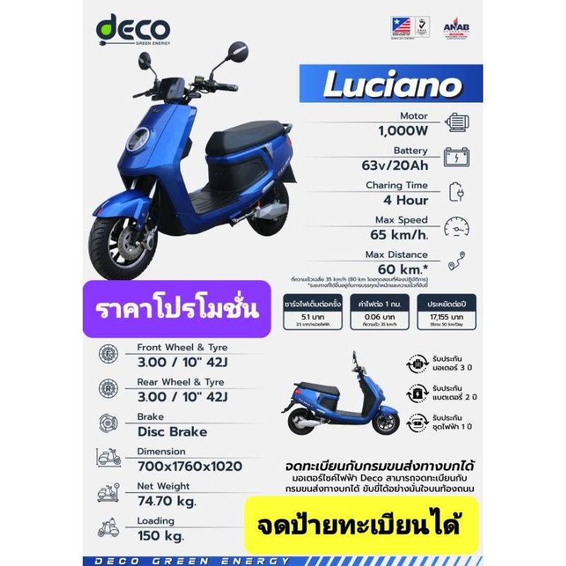 มอเตอร์ไซค์ไฟฟ้าDecoรุ่น Luciano แถมฟรีจดป้ายทะเบียน พรบ. แบตLithium ระบบQuick charge 2-3 ชม.