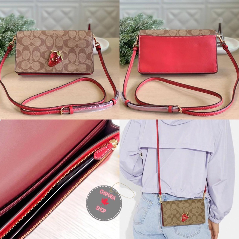 Coach Anna Foldover Clutch Crossbody In Signature Canvas With Strawberry Style No. CH547 แท้💯