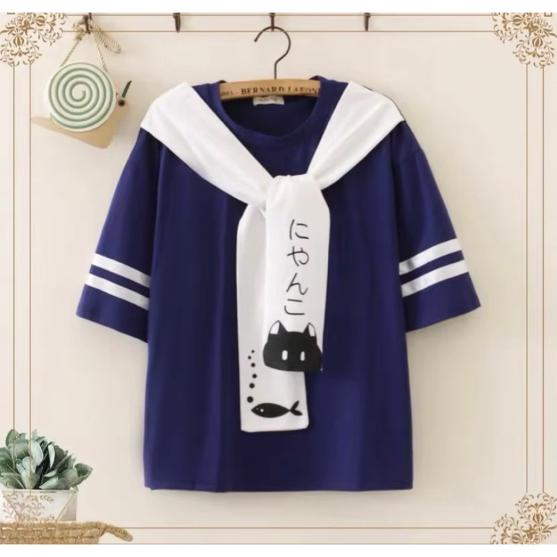 เสื้อแขนสั้นลายโบว์แมวเสื้อแฟชั่นฮาราจุกุสไตล์น่ารักรอบอก40-42