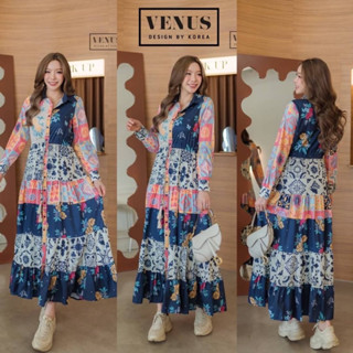 เดรส Flora MaxiDress แม๊กซี่เดรสพิมพ์ลายดอกไม้ ตัดผ้าต่อกัน